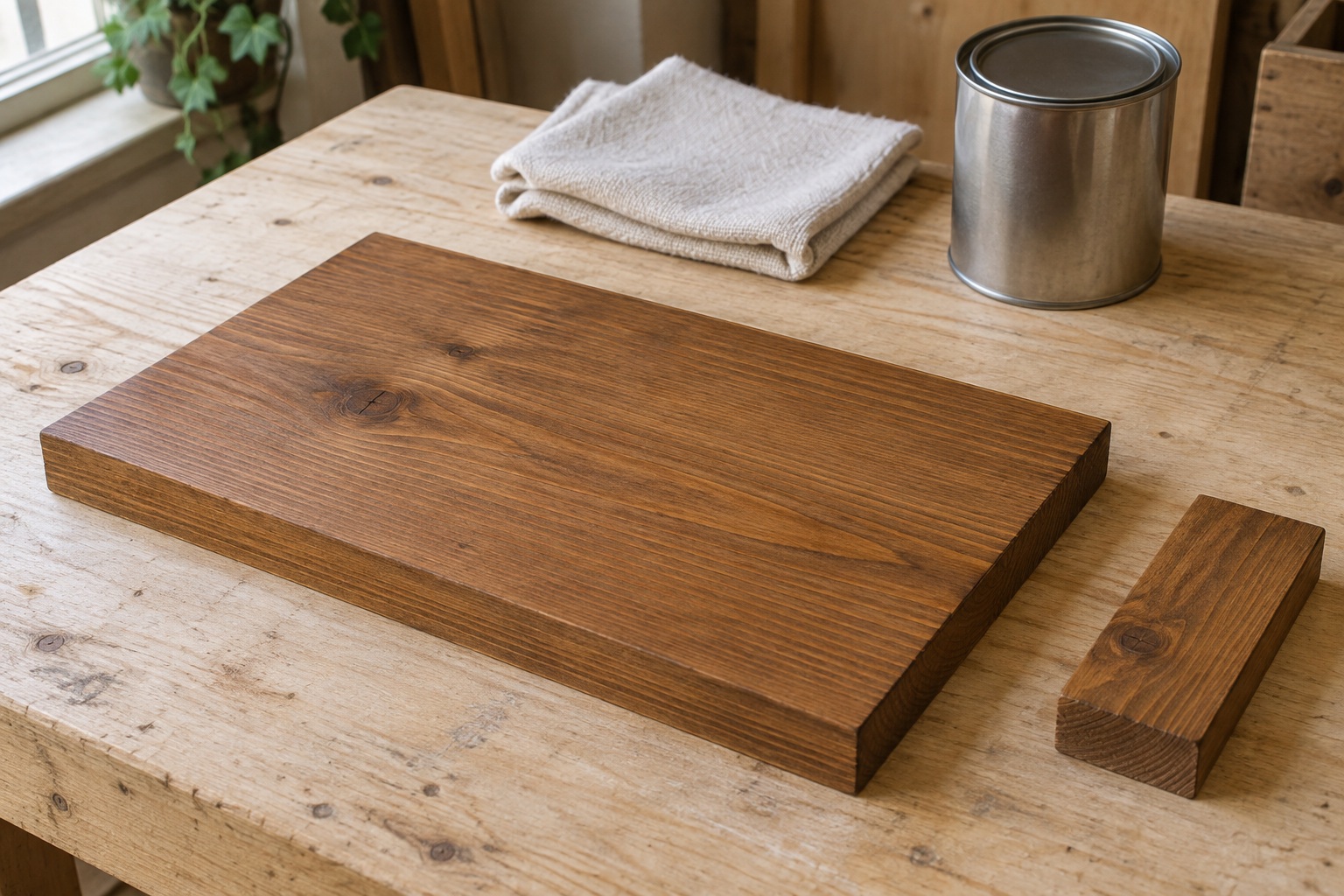A pine board and matching test offcut with a warm brown base color, ready for a worn-paint finish.