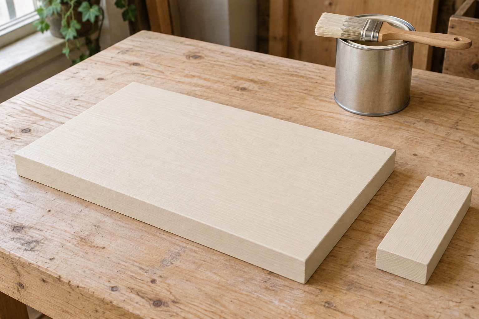 The same pine board covered with warm cream paint before any distressing.