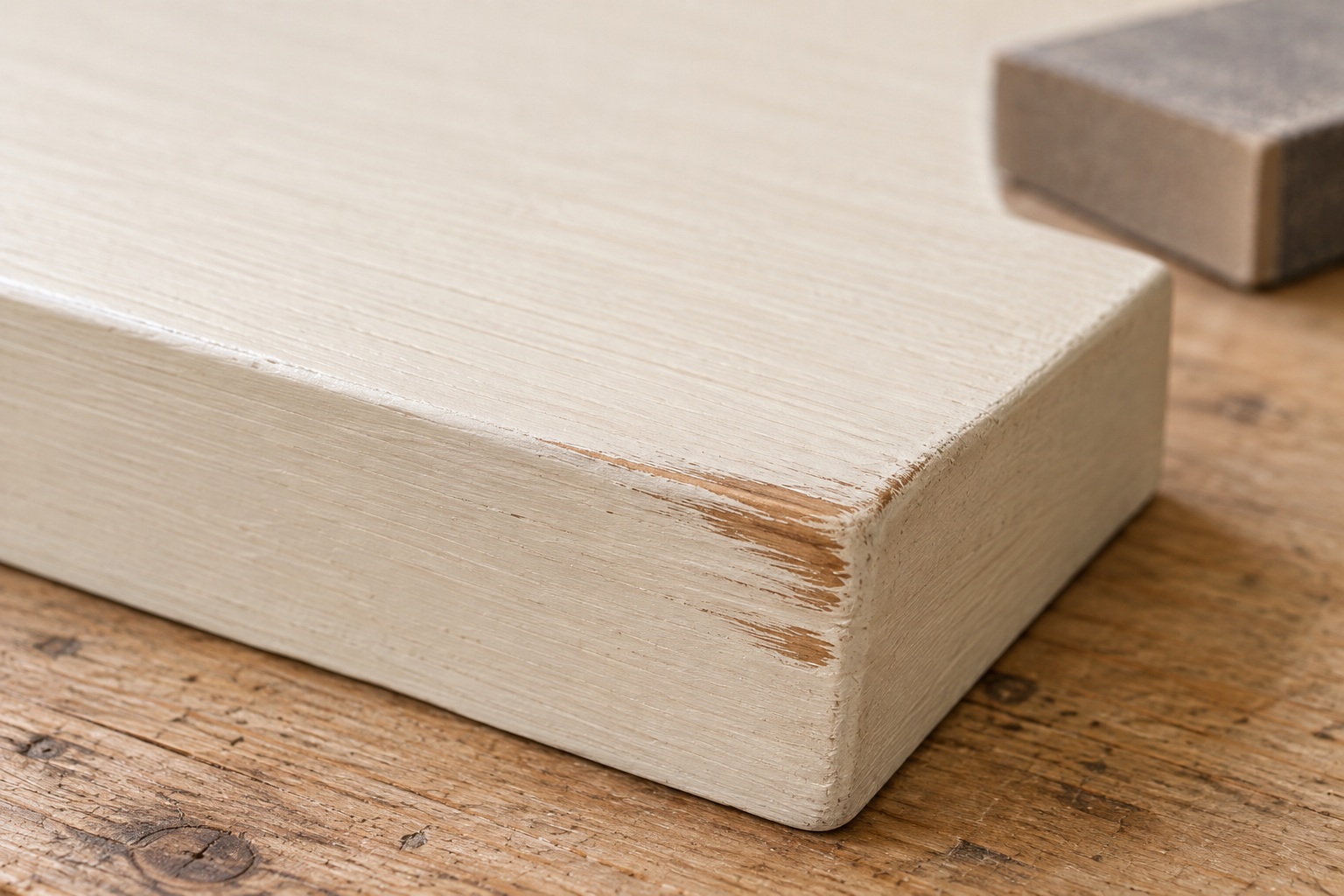 Close-up of a gently worn cream-painted corner, with localized sand-through revealing brown wood along the grain.